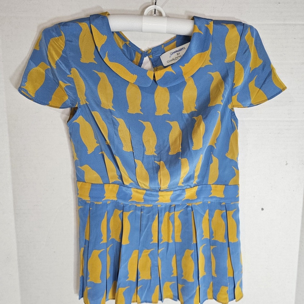 Size 0 XXS Anthropologie Charlotte Taylor Penguin Print Silk Adelie Blouse
